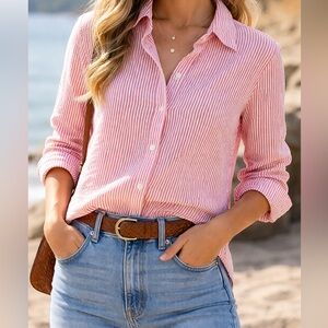 Jill McGowan Small Red White Stripe Button Down Shirt 100% Cotton USA